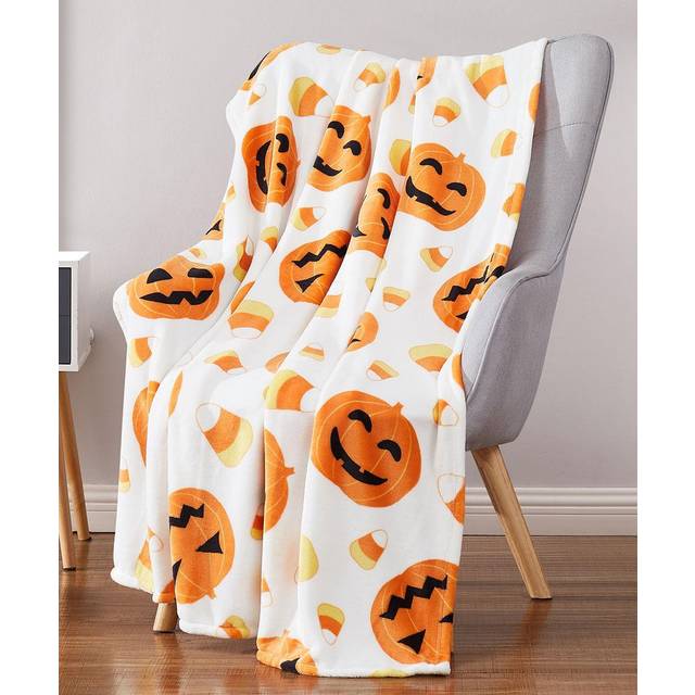 Halloween Throw Blanket: Jack O Lantern Pumpkins with Candy Corns Print on Soft Velvet Fleece for Sofa Bed Couch Chair or Dorm