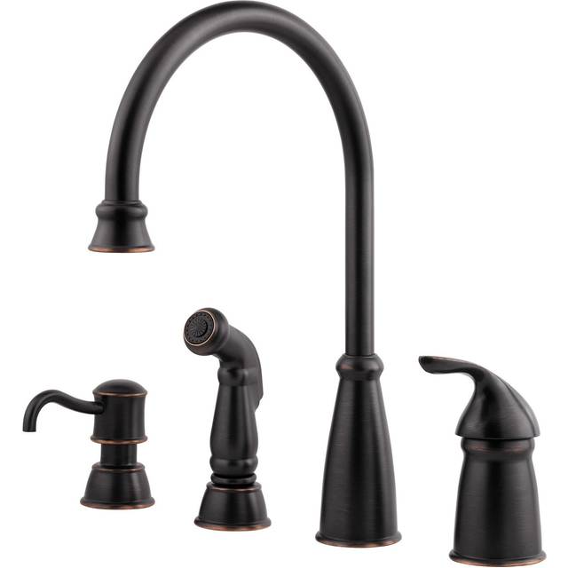 Pfister Avalon Kitchen Sink Faucet with Side Sprayer and Soap Dispenser  Single Handle  High Arc  Tuscan Bronze Finish  GT264CBY