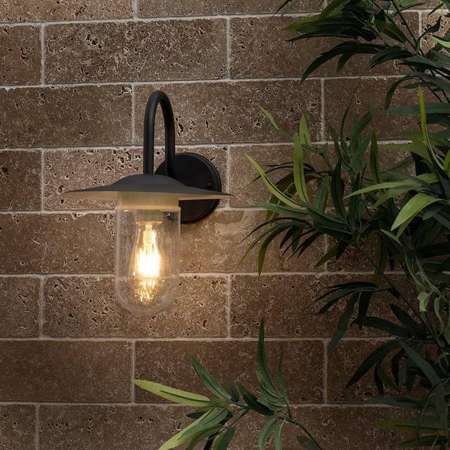 Minisun - Lynton IP44 Rated Black Metal Swan Neck Outdoor Lantern Wall Light with Clear Glass Shade