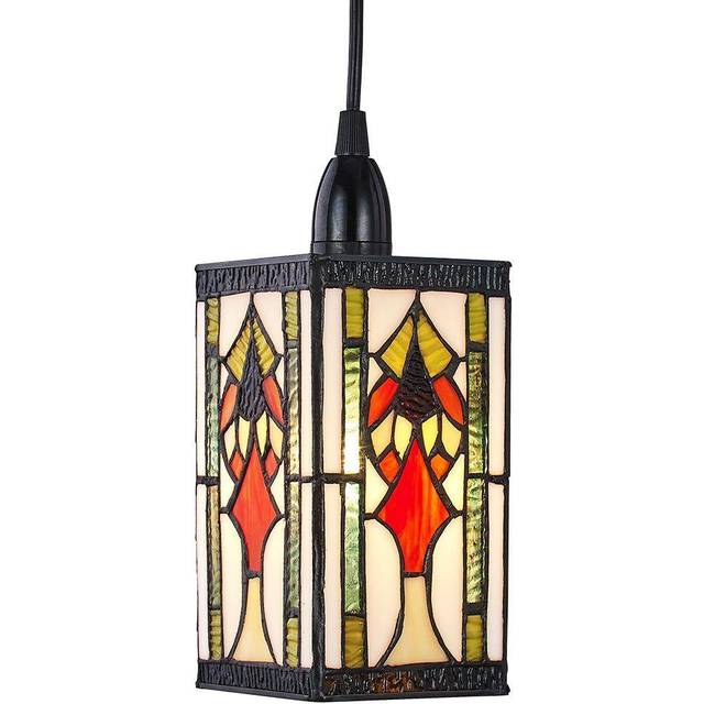 Art Deco Tiffany Easy Fit Pendant Shade with Green, Amber and Red Stained Glass, Multi