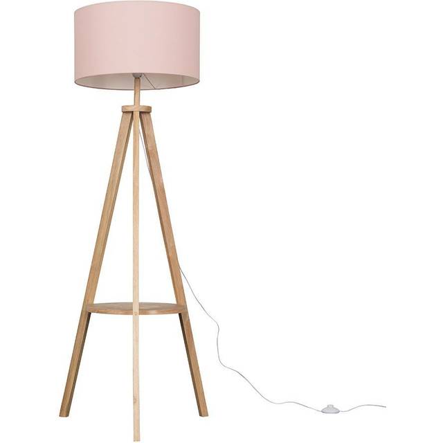Modern Light Wood Tripod Design Floor Lamp with Storage Shelf & Pink Drum Shade