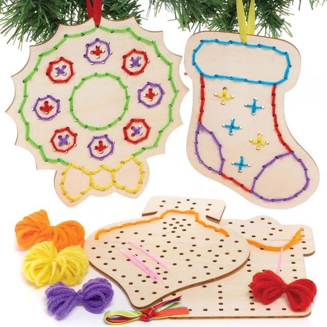 FC244 Christmas Wooden Threading Decoration Kits - Pack of 5, Introduction to Threading for Beginners, Educational Crafts for Kids, Ideal Christmas