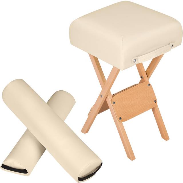 Stool & Bolster Cushion Set - foldable, padded, wood and faux leather - beige
