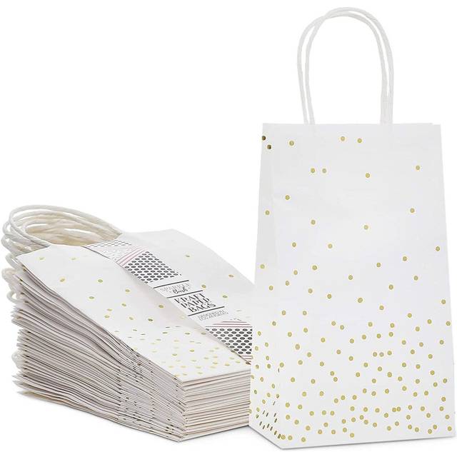 Sparkle and Bash 25 Pack Small Gift Bags with Handles - White Paper Bags with Gold Foil Polka Dots for Birthday  Wedding  Retail (5.5x3x9 In)