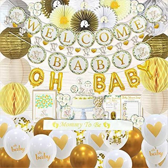 252 PC Elephant Theme Baby Shower Decorations for Boy or Girl Kit -Gender Neutral Welcome Baby Banners Garland Guestbook Sash Balloons Cake Topper Pap