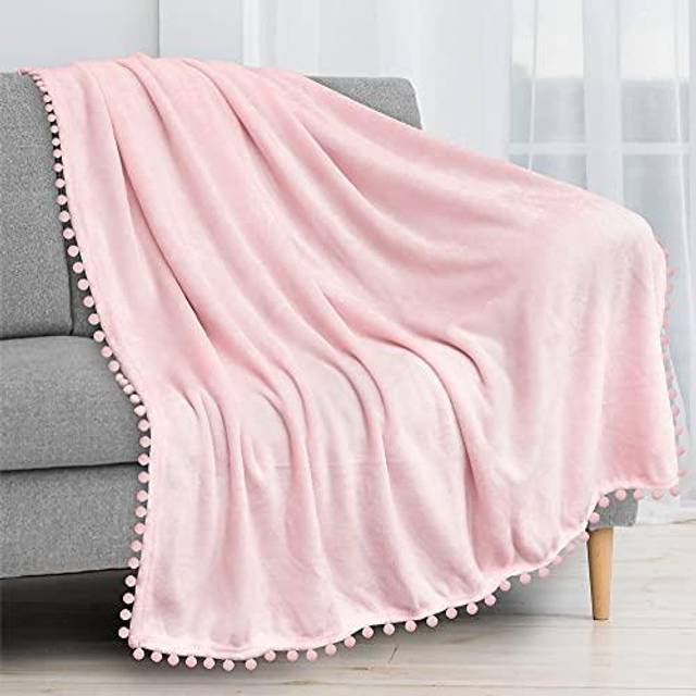 PAVILIA Pom Pom Blanket Throw  Light Pink | Soft Fleece Pompom Fringe Blanket for Couch Bed Sofa | Decorative Cozy Plush Warm Flannel Velvet Tassel Th
