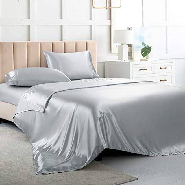 Satin Bed Sheets Queen Sheet Set  Silver Grey Silk Sheets  4 - Pieces Soft Bedding Set with 1 Deep Pocket Fitted Sheet 1 Flat Sheet 2 Pillowcase