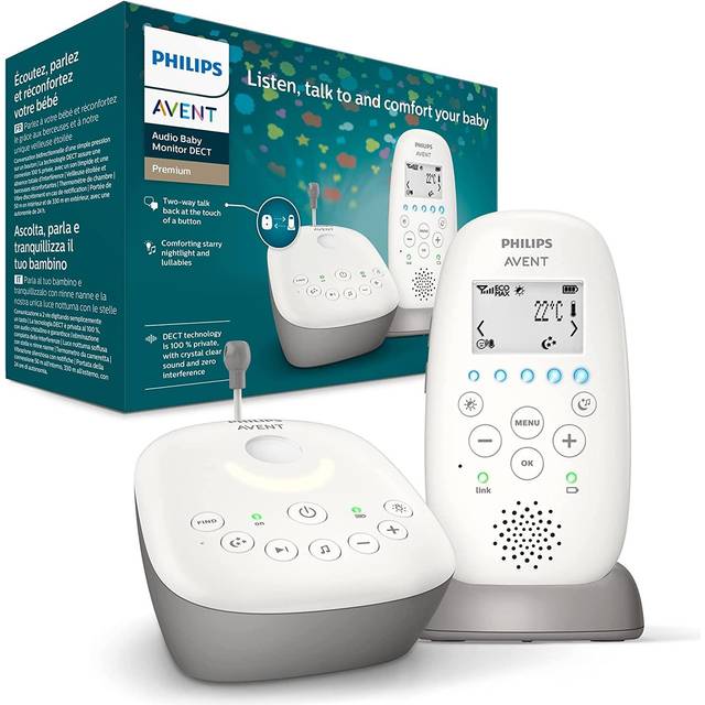 Philips Avent DECT-ljudbabyvakt med stjärnprojicerande nattlampa, vaggvisor, tvåvägssamtalsfunktion, 330 m räckvidd och 24 tim trådlös användning, nattläge, modell SCD733/26