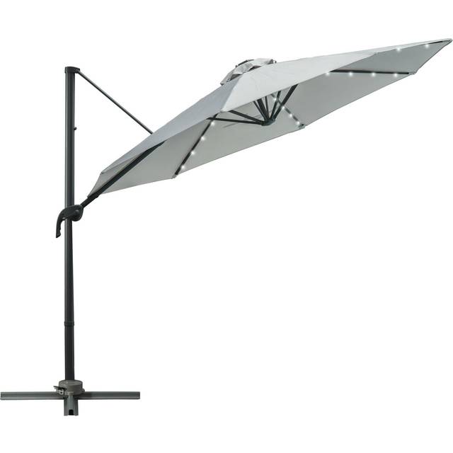 Outsunny 3(m) Cantilever Roma Parasol Patio Sun Umbrella with LED Solar Light Cross Base 360° Rotating Outdoor, Grey