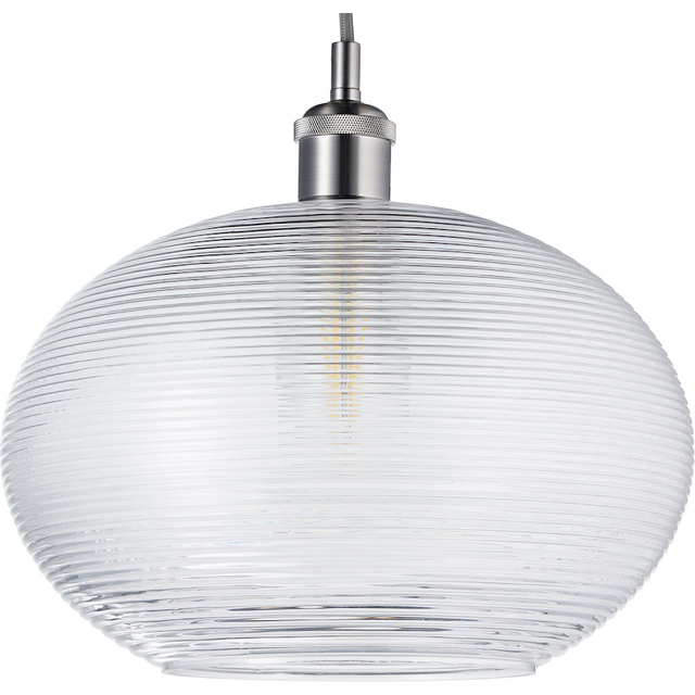 Contemporary Clear Ribbed Spiral Glass Easy Fit Drum Shaped Pendant Light Shade, Clear