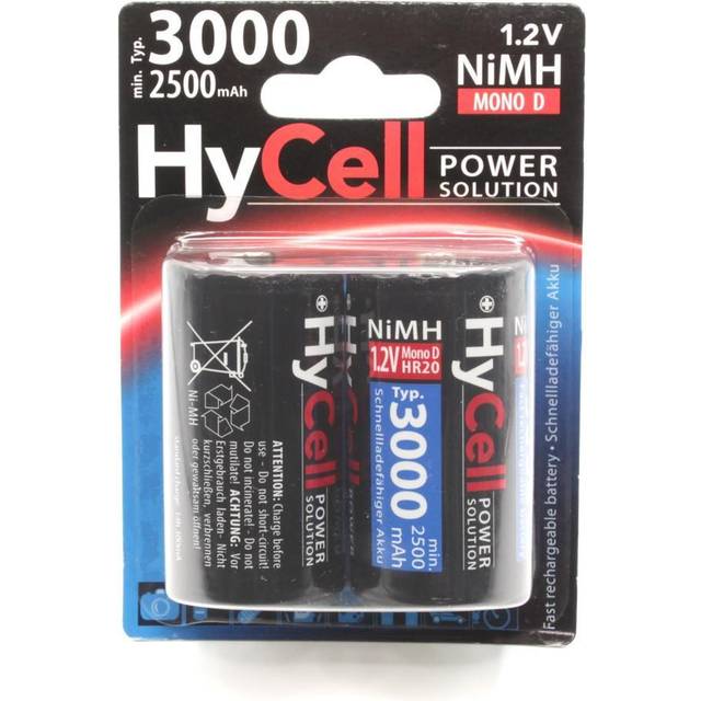 HyCell uppladdningsbart batteri mono D typ 3 000 mAh NiMH utan minneseffekt 2-pack fotobatteri digitalkamera leksaksbatteri