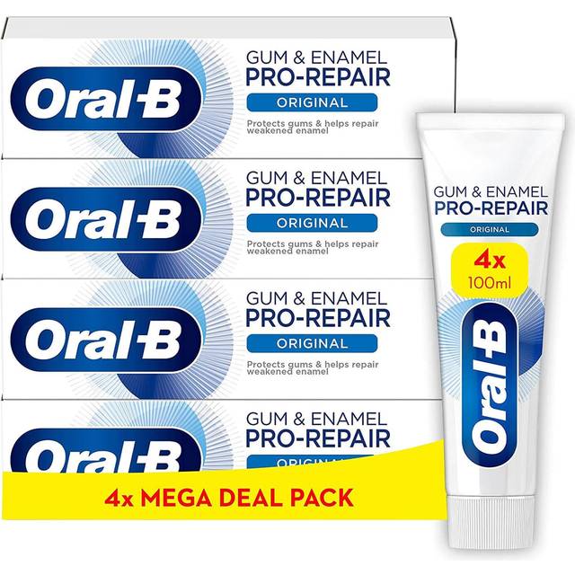 Oral-B Tandkräm, Pro-Repair, Original, Pack med 4 (4 x 100 ml), perfektion, skyddar aktivt mot ytfläckar, ger näring och stärker emalj, intensiv pepparmynta