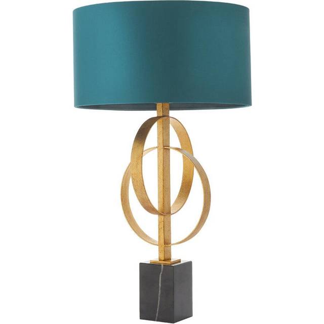 Antique Gold Table Lamp & Teal Satin Shade - Black Marble Base Desk Light