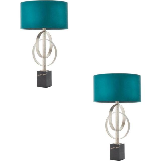 2 PACK Antique Silver Table Lamp & Teal Satin Shade Black Marble Base Desk Light