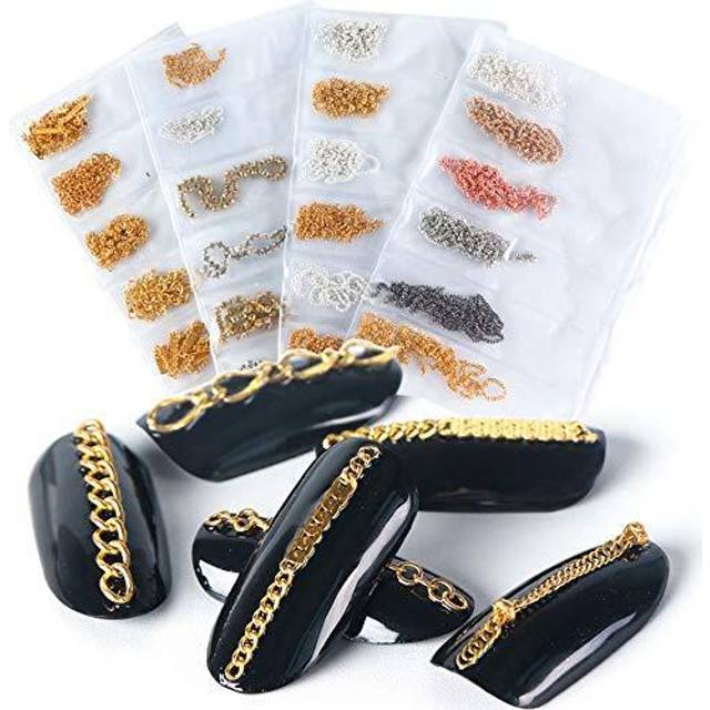Nail Art Nail Chains Nail Supplies for Women 4 Packs of 24 Pieces Gold & Silver Metal Punk Pendant Nail Ornaments 3D Nails Supply Nail Art Chains DIY
