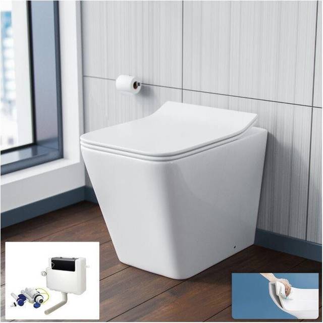 Inton Round Back to Wall Rimless Toilet Pan With Soft Close Seat + WRAS Approved Concealed Cistern