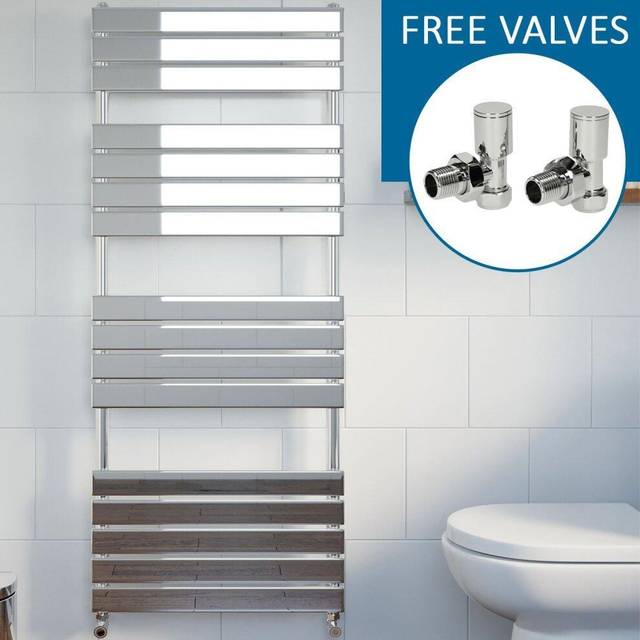 Modern Flat Panel Heated Towel Rail Radiator Chrome 1600 x 600mm Angled Valves