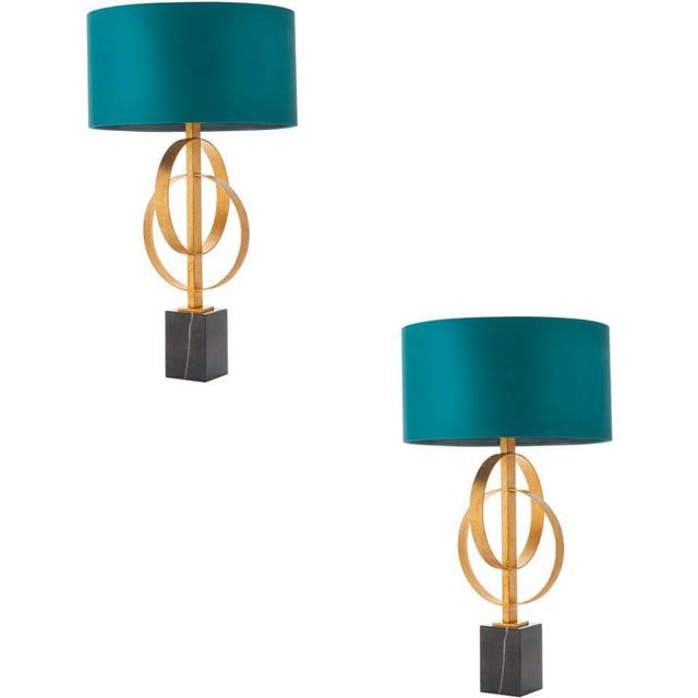 2 PACK Antique Gold Table Lamp & Teal Satin Shade - Black Marble Base Desk Light