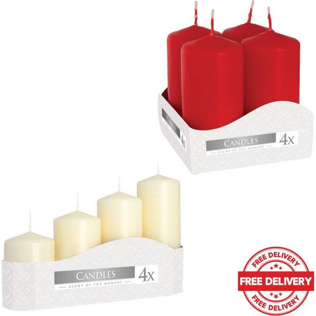 Pillar Candles - Set of 4 50mm Ivory & Set of 4 40x80mm Red