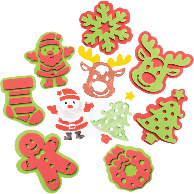 FC263 Christmas Foam Stampers - Pack of 10, Painting Supplies, Stamp Set for Children, Ideal for Kids Arts and Crafts Projects, Christmas Foam