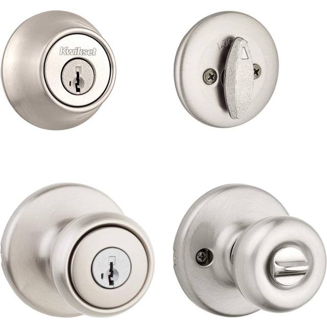 Kwikset Juno Keyed Entry Door Knob and Single Cylinder Deadbolt Combo Pack with Microban Antimicrobial Protection Featuring SmartKey Security in Satin