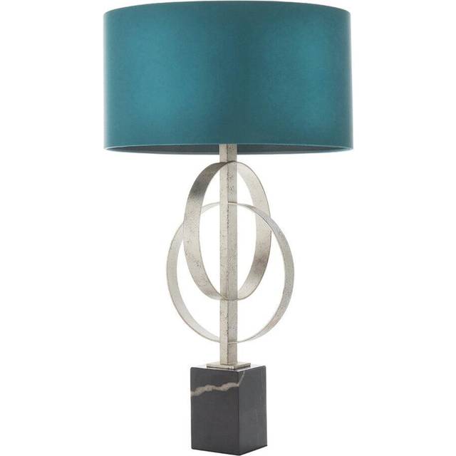 Antique Silver Table Lamp & Teal Satin Shade - Black Marble Base Desk Light