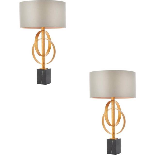 2 PACK Antique Gold Table Lamp & Mink Satin Shade - Black Marble Base Desk Light