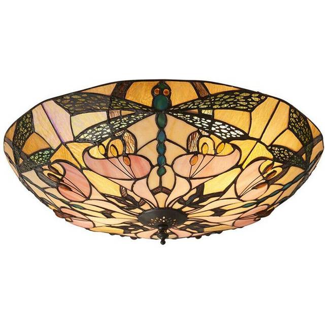 Tiffany Glass Semi Flush Ceiling Light Dragonfly Round Inverted Shade i00032