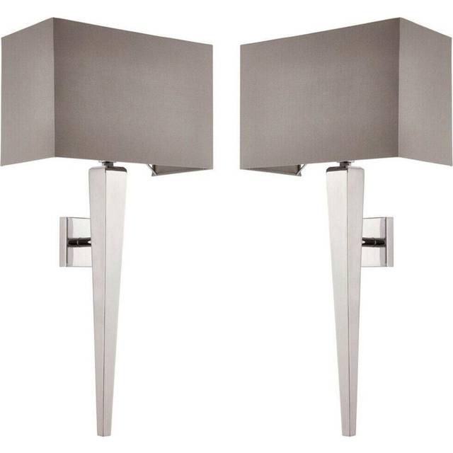 2 PACK Rectangular Dimmable Wall Light Chrome & Grey Shade Modern Bedside Lamp