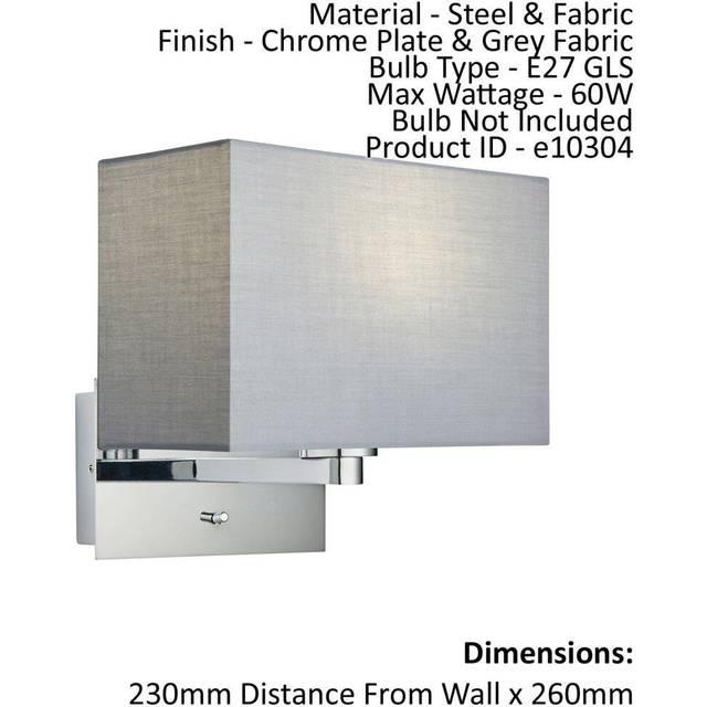Wall Light & Shade Chrome Plate & Grey Fabric 60W E27 USB Socket e10304