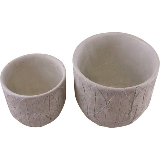 Set Of 2 Cement Plant Flower Herb Planter Cactus Indoor Pot With Embossed Leaf
