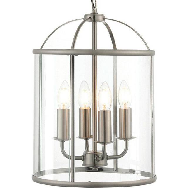 4 Light Hanging Ceiling Pendant Nickel & Glass Lantern Shade Lamp Bulb Holder