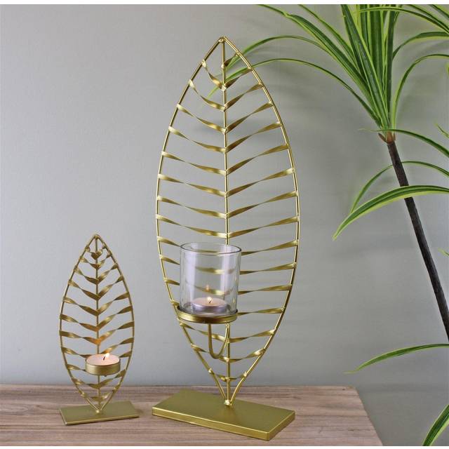 Large Gold Leaf Candle Holder with Glass Jar