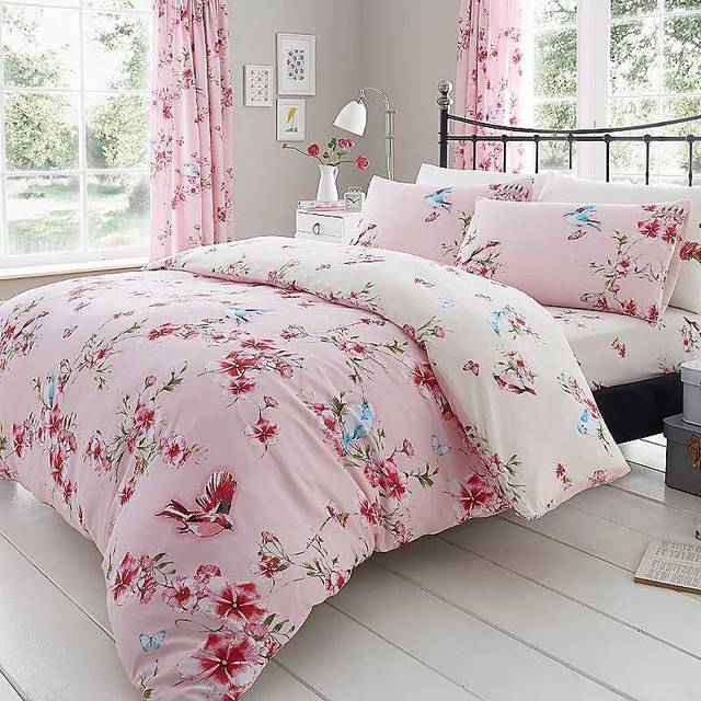 Birdie Blossom 144 TC Modern & Contemporary Duvet Cover Set - Pink (King Duvet Cover + 2 Standard Pillowcases)