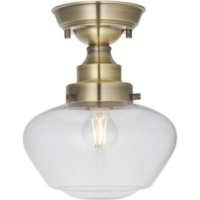 Antique Brass Semi Flush Ceiling Light Fitting & Clear Glass Shade Low Profile