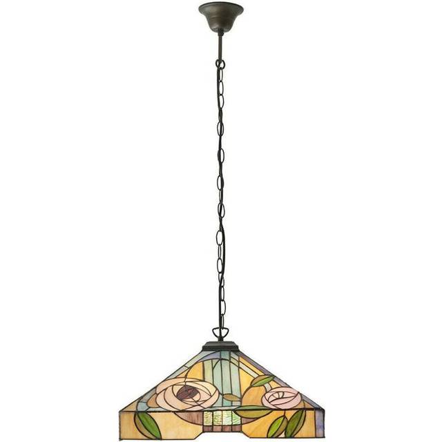 Tiffany Glass Hanging Ceiling Pendant Light Bronze & Square Rose Shade i00155