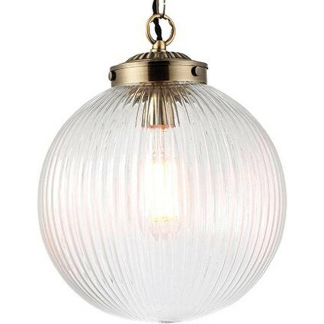 Hanging Ceiling Pendant Light BRASS & RIBBED GLASS Round Lamp Shade Bulb Holder