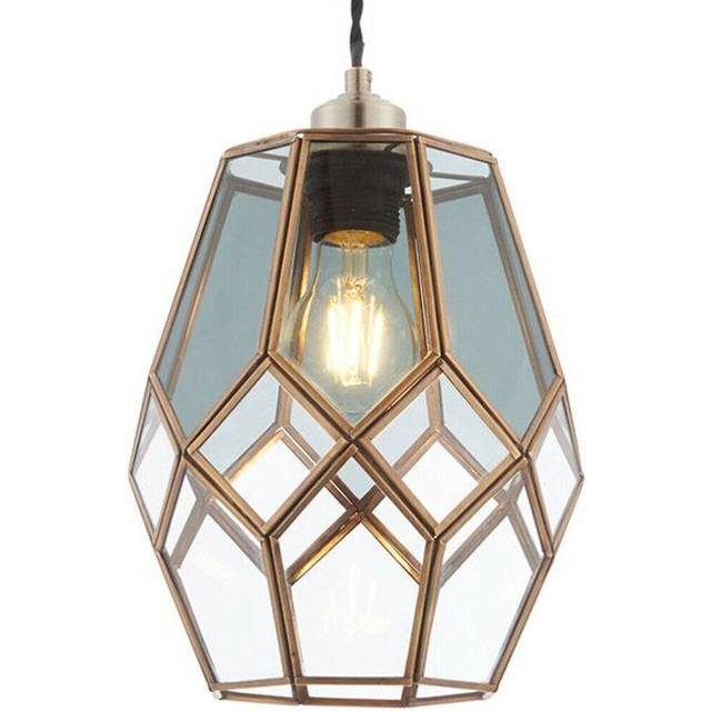 Hanging Ceiling Pendant Light Shade Brass & Clear Smoked Glass Geometric Cage