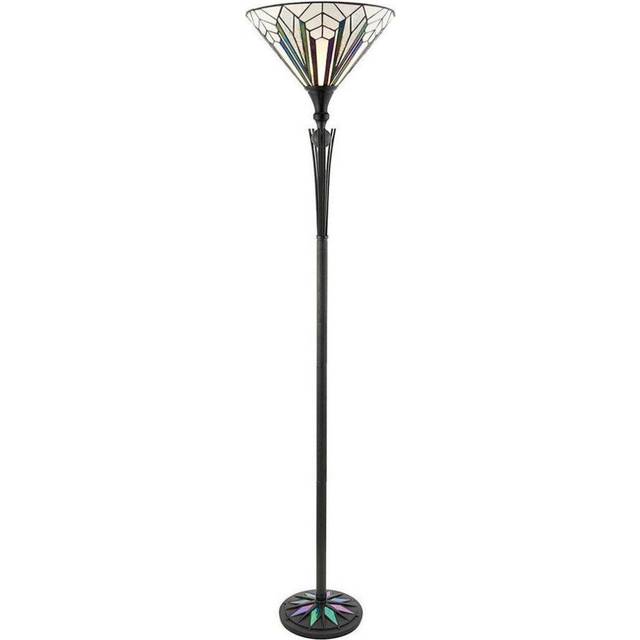 1.7m Tiffany Floor Lamp Black Stem & Retro Stained Glass Shade Uplighter i00002