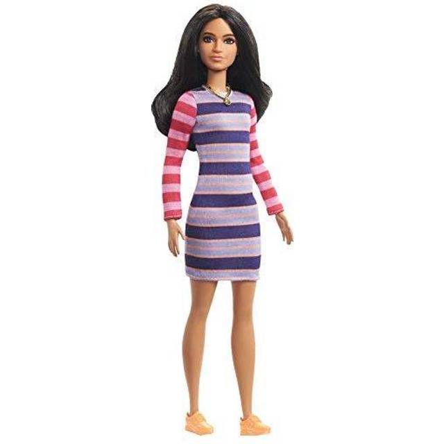 Ã¢ÃÃBarbie Fashionistas Doll #147 with Long Brunette Hair Wearing Striped Dress, Orange Shoes & Necklace, Toy for Kids 3 to 8 Years Old