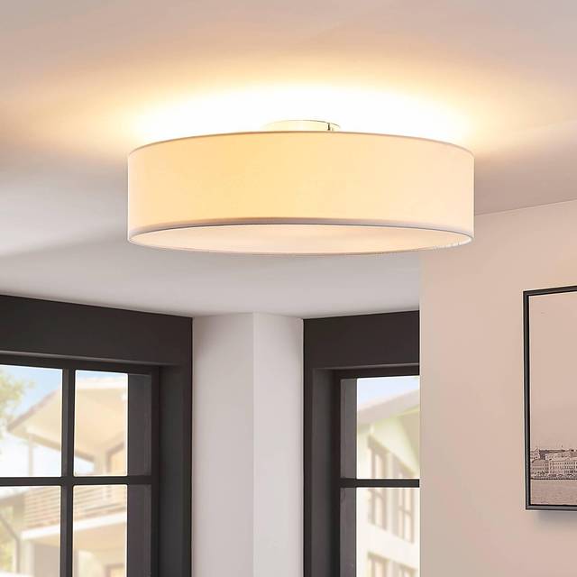 Lindby taklampa Sebatin, Ø 50 cm, vit, tyg, E27