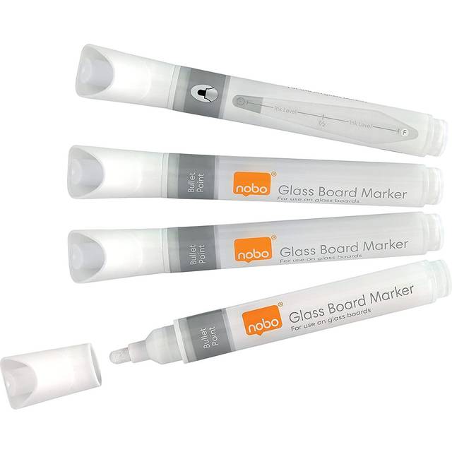Nobo Whiteboardpennor med Flytande Bläck, För Whiteboard i Glas, Avtorkningsbara, 3mm Spets, 4-pack, Vita, 1905323