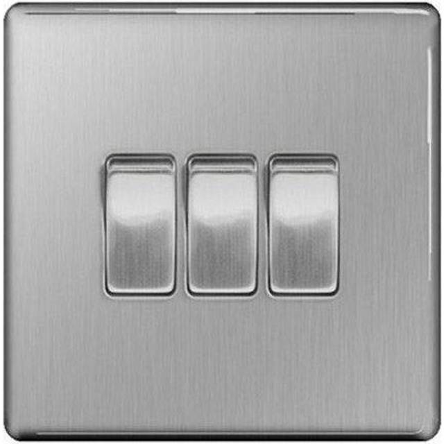 BG Screwless Flatplate Brushed Steel Triple Switch, 10Ax 2 Way - FBS43