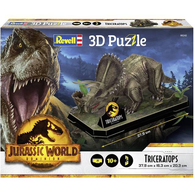 Revell 3D-pussel 00242 Jurassic World Dominion – Triceratops 44 stycken, mycket detaljerad, med dioramabas, 37 cm lång, rolig och lätt att bygga
