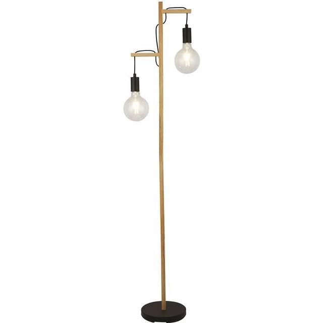 Searchlight 95041-2BR Woody 2 Light Floor Lamp Natural Wood Black Meta