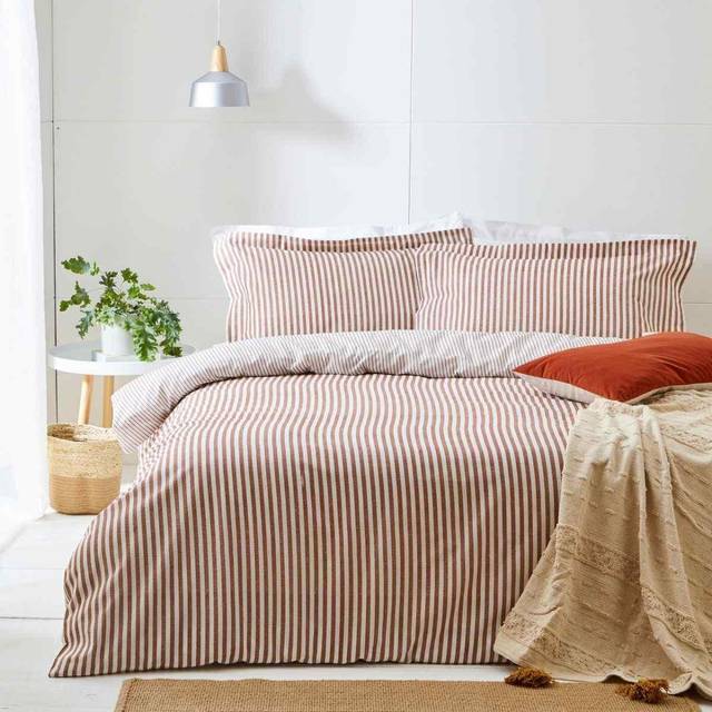 Hebden Mélange Stripe 100% Cotton Duvet Cover Set - Pecan (Kingsize Duvet Cover + 2 Standard Pillowcases)