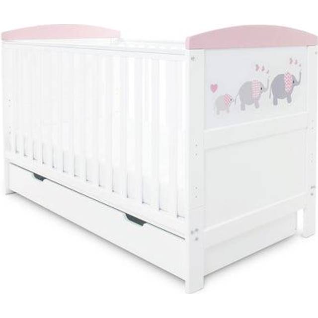 Ickle Bubba Coleby Style Cot Bed with Under Drawer Elephant Love Pink - Without Mattress