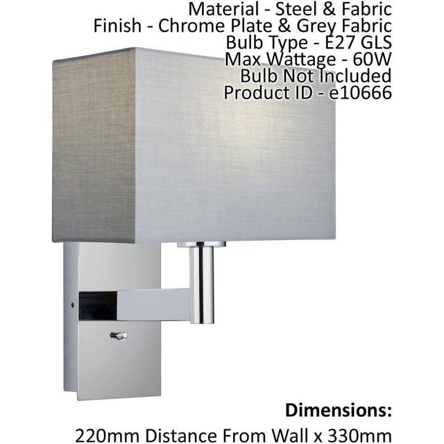 Wall Light & Shade Chrome Plate & Grey Fabric 60W E27 USB Socket e10666