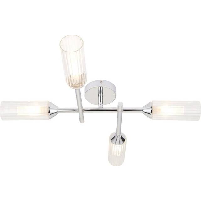 Chrome Semi Flush Bathroom Ceiling Light - Ribbed & Frosted Glass - 4 Bulb