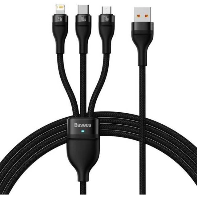 Baseus Flash Series Ⅱ En-för-tre snabbladdande datakabel USB till M+L+C 100 W 1,2 m Svart